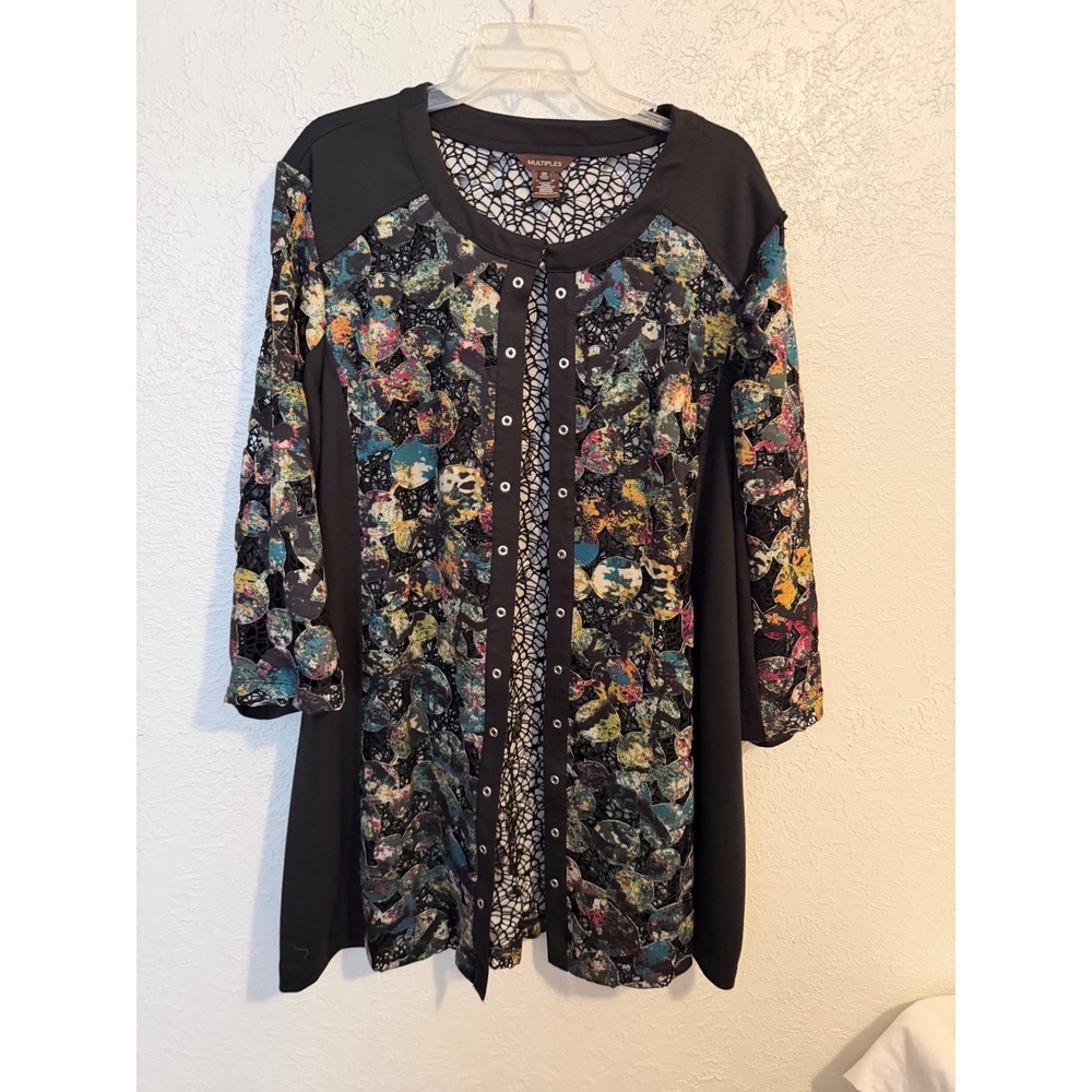 Multiples Womens 2X Cardigan Black Multicolor Lace Mesh Mixed Media Grommet Top